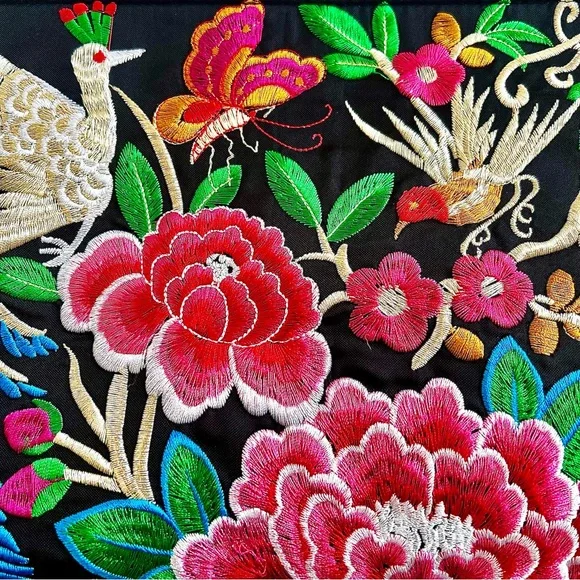 Large Colorful Birds and Florals Embroidered Pom Pom Bag (NWOT) - Picture 2 of 9